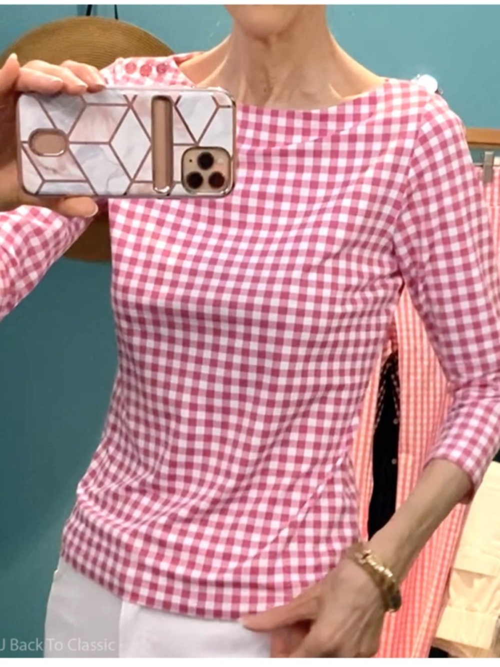 J. McLaughlin Pink Gingham Windsong Top with three-quarter sleeves Size Medium - Picture 2 of 9